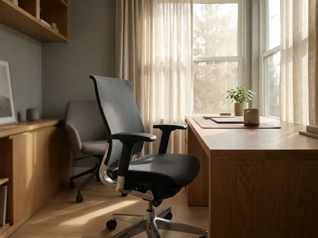 Ergonomische bureaustoel met mesh rugleuning en verstelbare armleuningen aan een modern houten bureau in zacht natuurlijk licht.